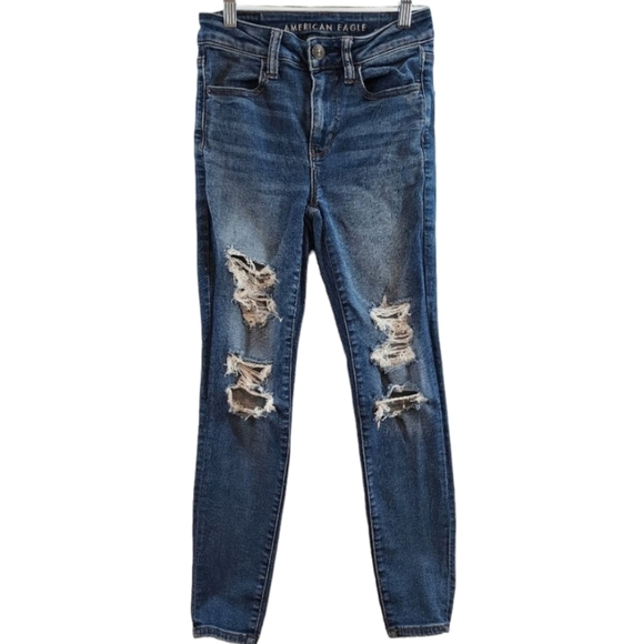 American Eagle Next Level‎ Stretch High Rise Jeggings Distressed Stretch 2 SHORT - Picture 1 of 11